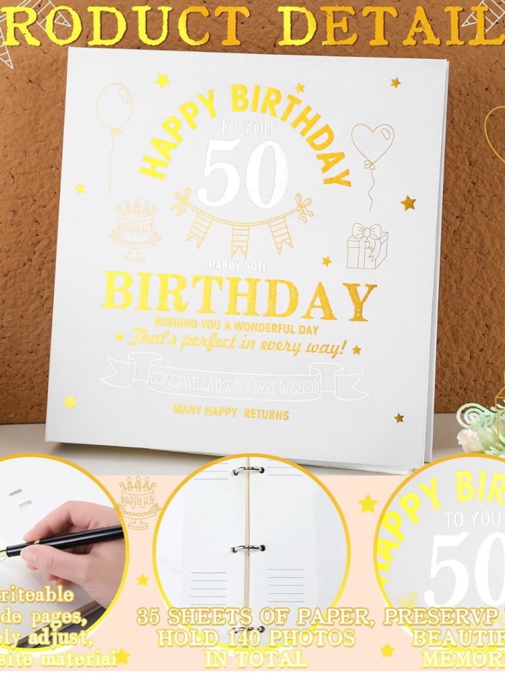 50th Birthday Memory Album - Gold White Design